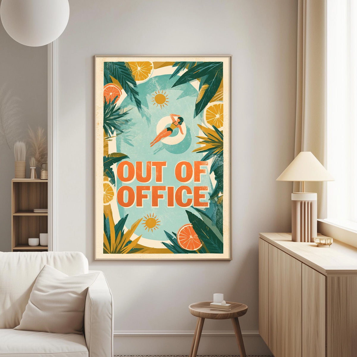 a vibrant poster with a tropical theme, hanging on a wall in a living room.