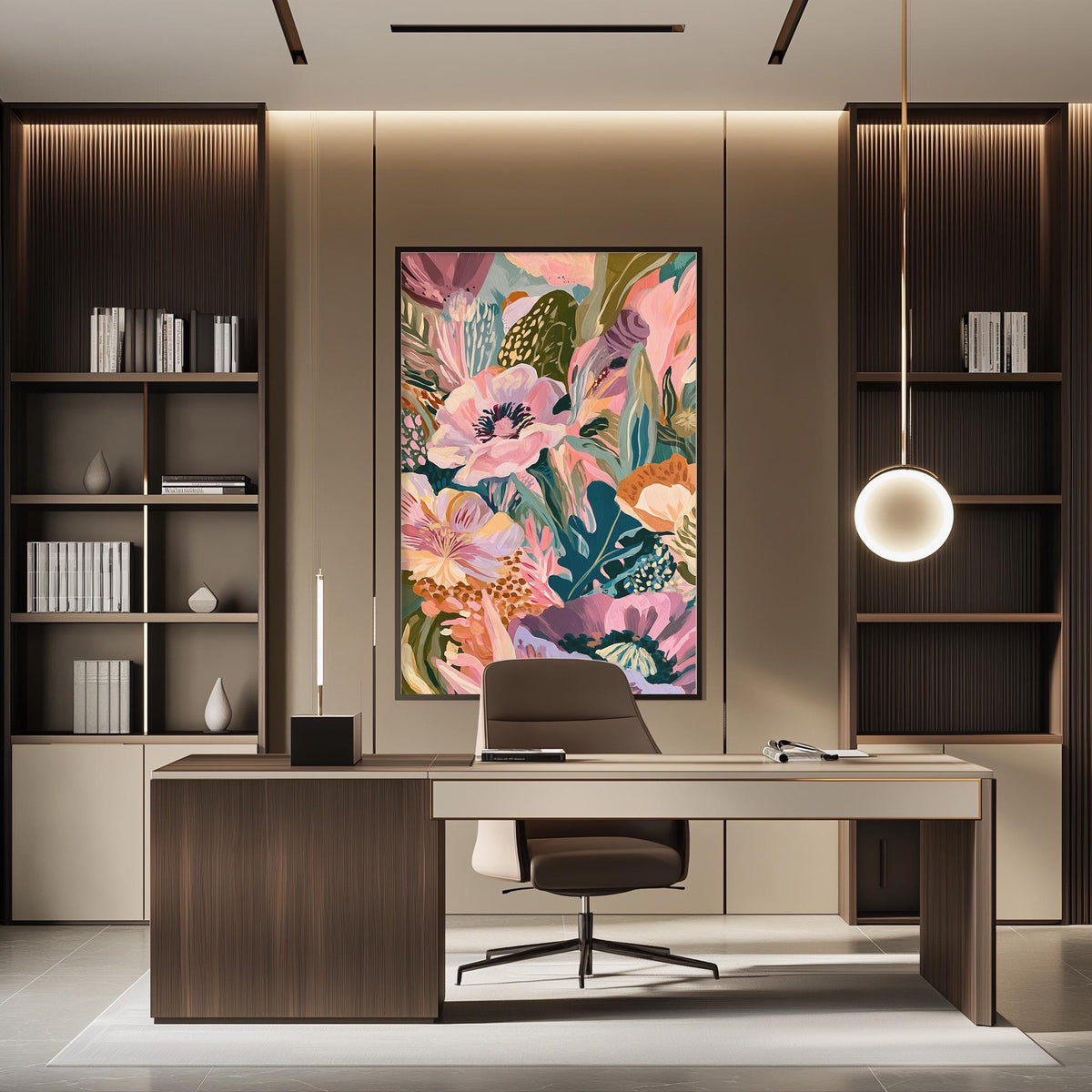 a modern and stylish home office with a large, colorful floral painting on the wall above a wooden desk. The desk is positioned in front of the painting, creating a focal point in the room. The office also features built-in bookshelves and a hanging light fixture, contributing to the overall contemporary design.