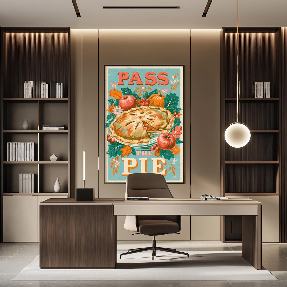 a modern office space with a large framed poster of a pie on the wall, a desk with a chair, and a bookshelf.