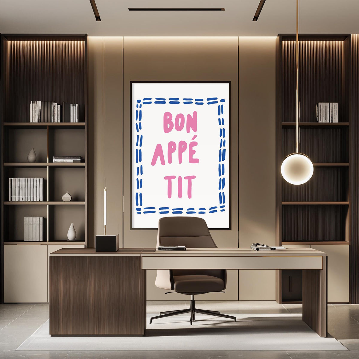 a modern office space with a desk, chair, and bookshelves. A large framed poster with the text " bon appe tit" is displayed on the wall above the desk.
