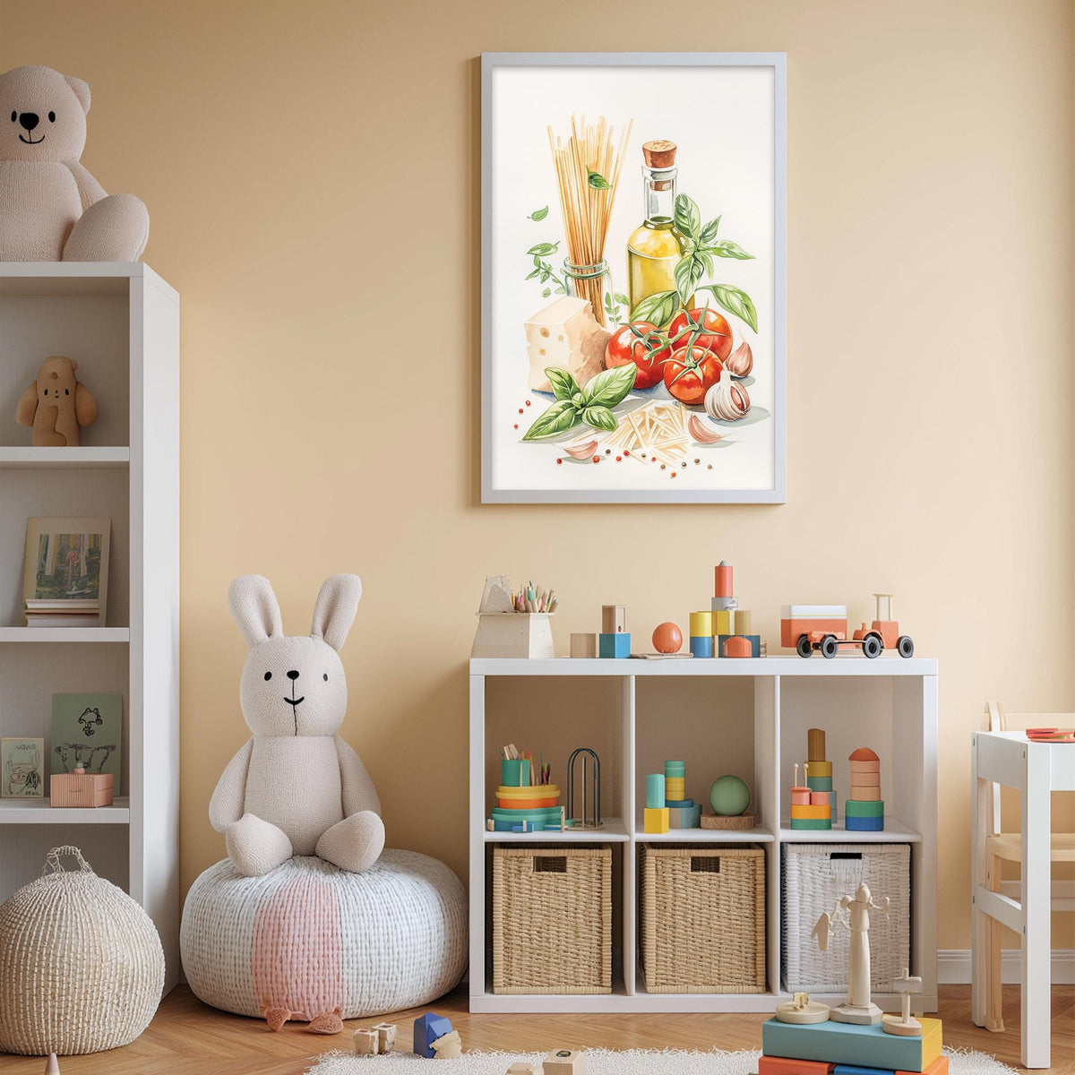 A cozy children's room with a white bookshelf, a stuffed rabbit, and a toy train. The room also features a framed print of a still life with food items, such as tomatoes, basil, and a bottle of olive oil.