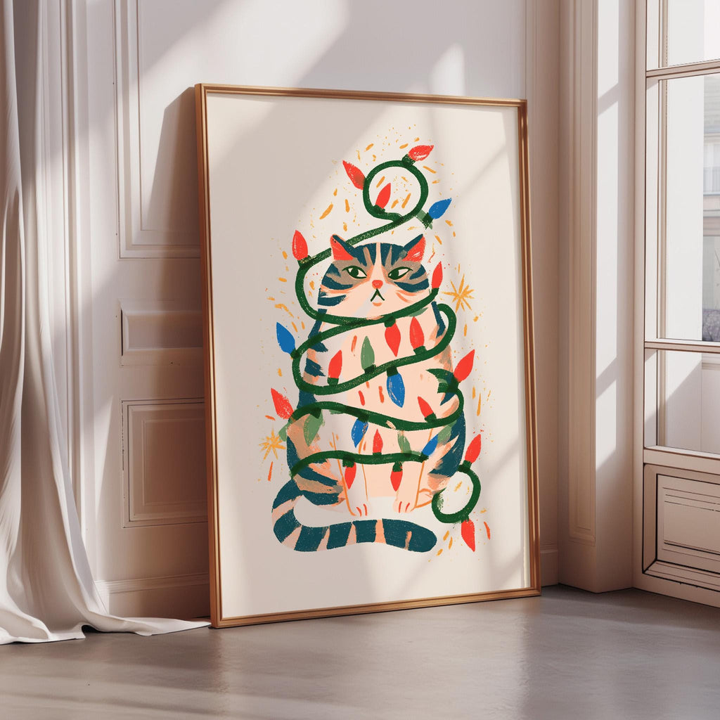 A framed illustration of a cat wrapped in colorful lights, creating a whimsical and festive scene.