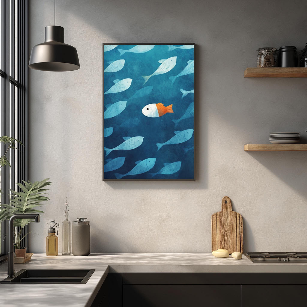 a kitchen counter with various kitchen items, including a cutting board, a bottle, and a vase. Above the counter, there is a framed painting of a fish swimming in the ocean.
