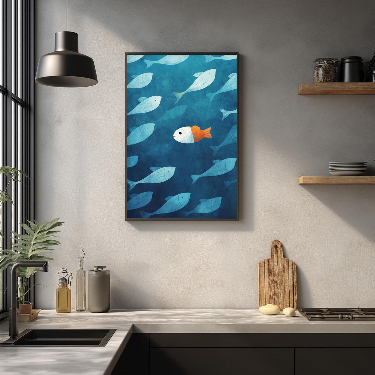 a kitchen counter with various kitchen items, including a cutting board, a bottle, and a vase. Above the counter, there is a framed painting of a fish swimming in the ocean.
