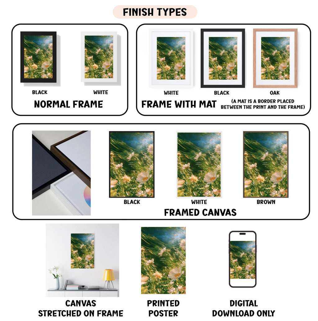 various types of artwork, including framed prints, canvas prints, and digital prints, each with different finishes and frame styles.