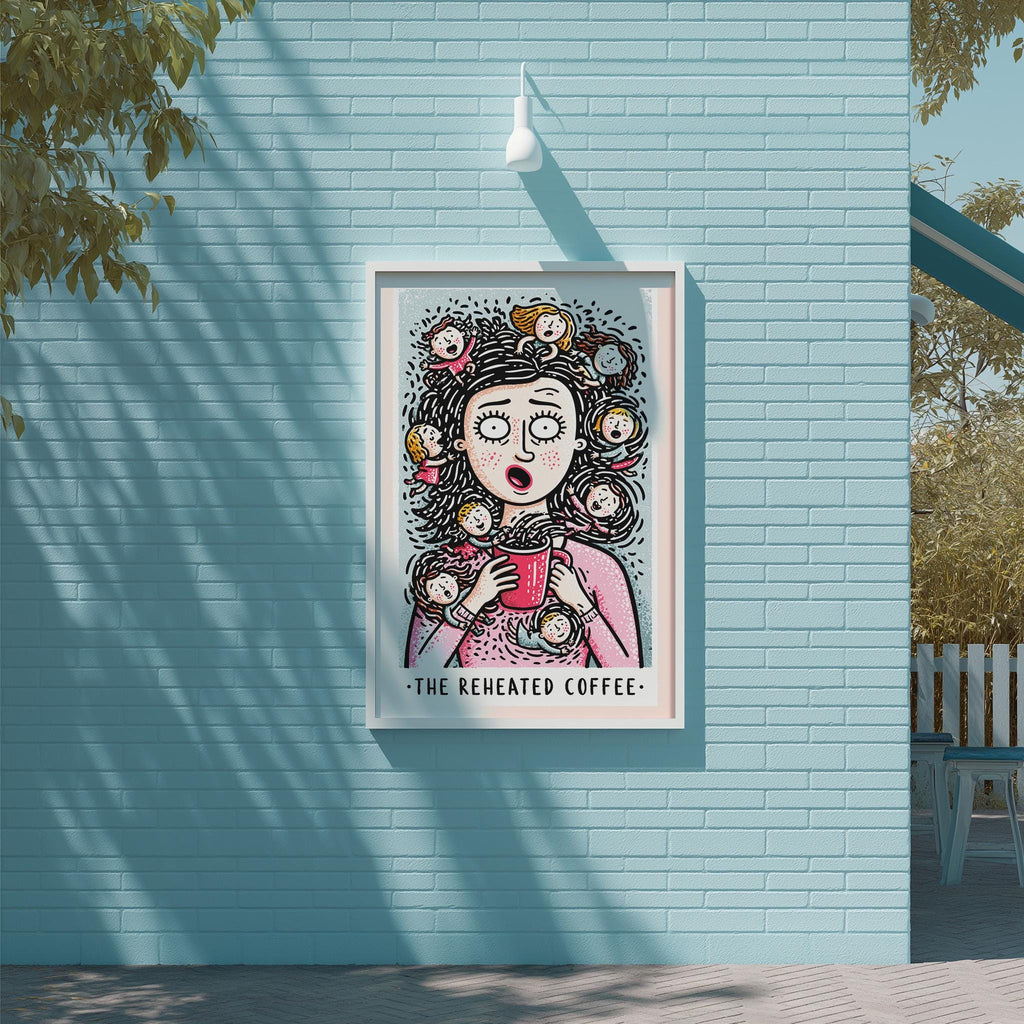 a poster with a woman's face and the text "The reheated coffee" displayed on a blue brick wall.