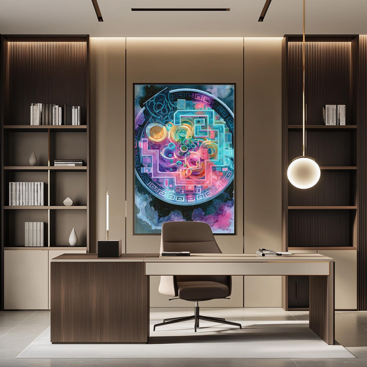 a modern office space with a large, colorful abstract painting hanging on the wall above a desk with a chair.