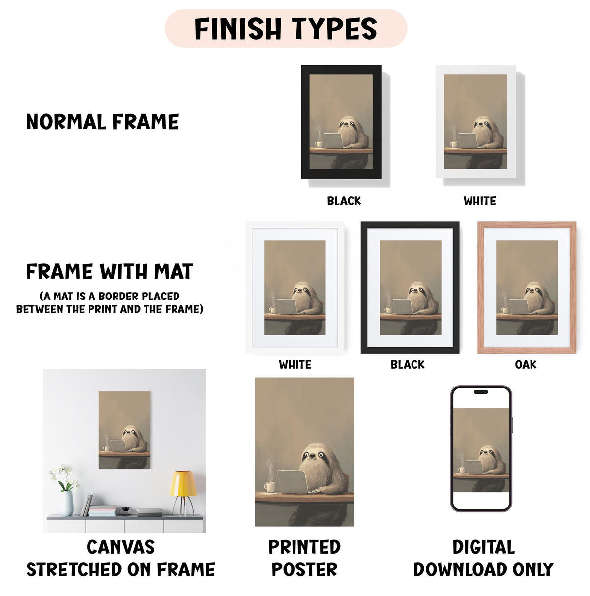 various framed artworks, including a painting of a sloth, a digital poster, and a canvas stretched on a frame. The artworks are presented in different frame types, such as normal frame, black frame, white frame, black frame, and oak frame. The artworks are labeled with their respective frame types, such as "NORMAL FRAME" and "FRAME WITH MAT".