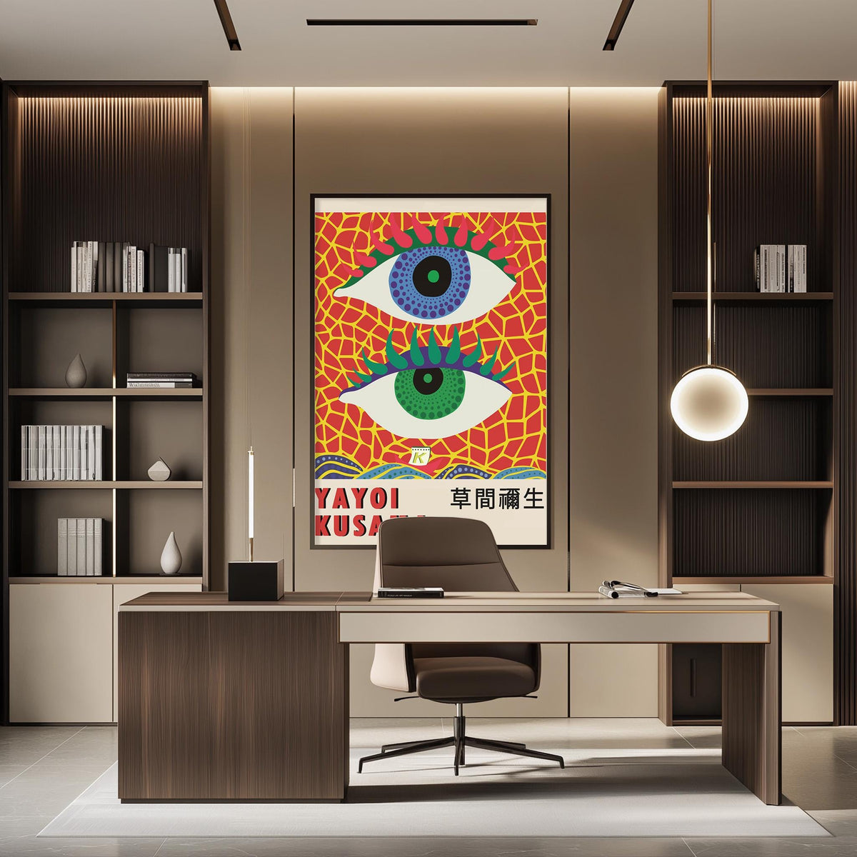 a modern office space with a large abstract painting of two eyes on the wall, a wooden desk with a chair, and a bookshelf filled with books.
