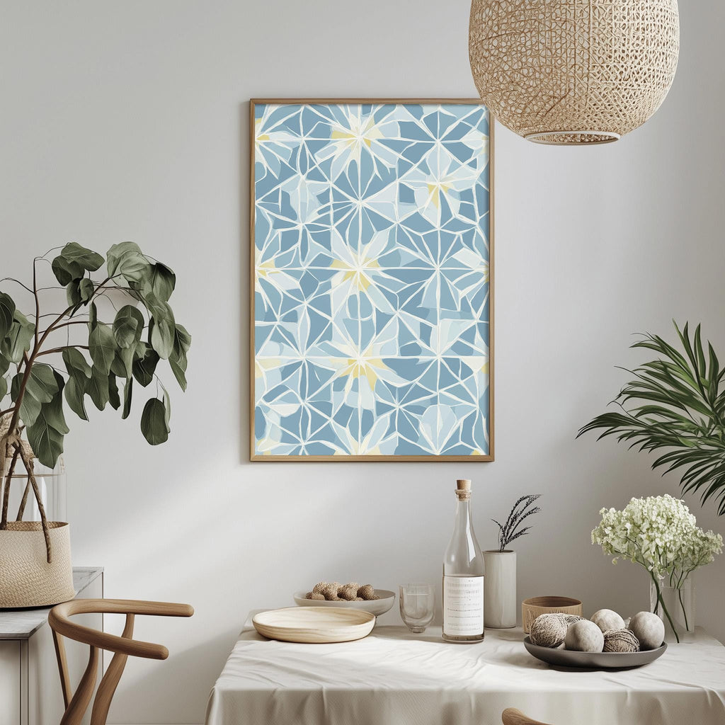 a dining room with a table set for a meal, a potted plant, a hanging light fixture, and a framed geometric pattern on the wall.