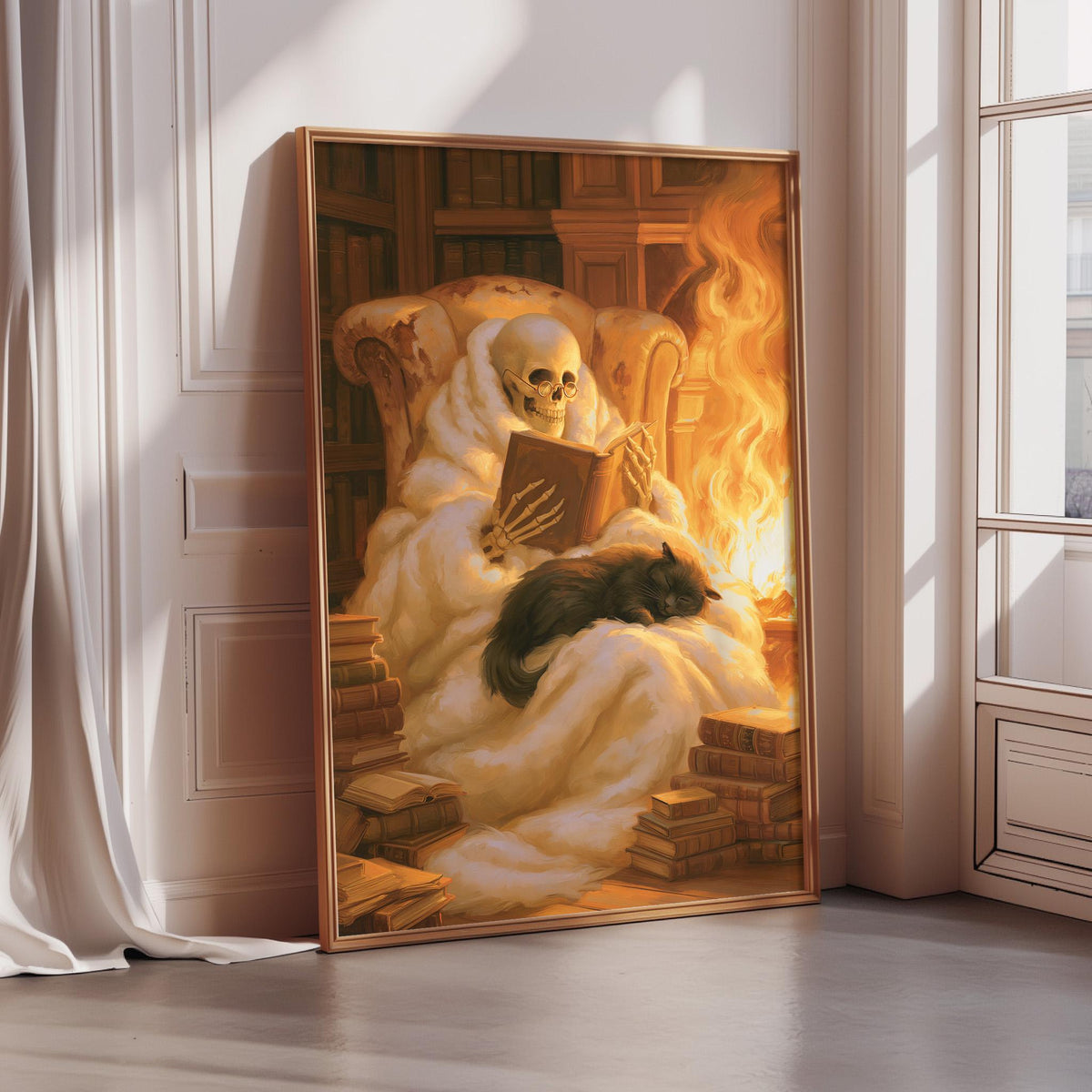 A framed painting depicting a skeleton sitting in a chair surrounded by books, with a cat resting on the bookshelf in front of the skeleton.