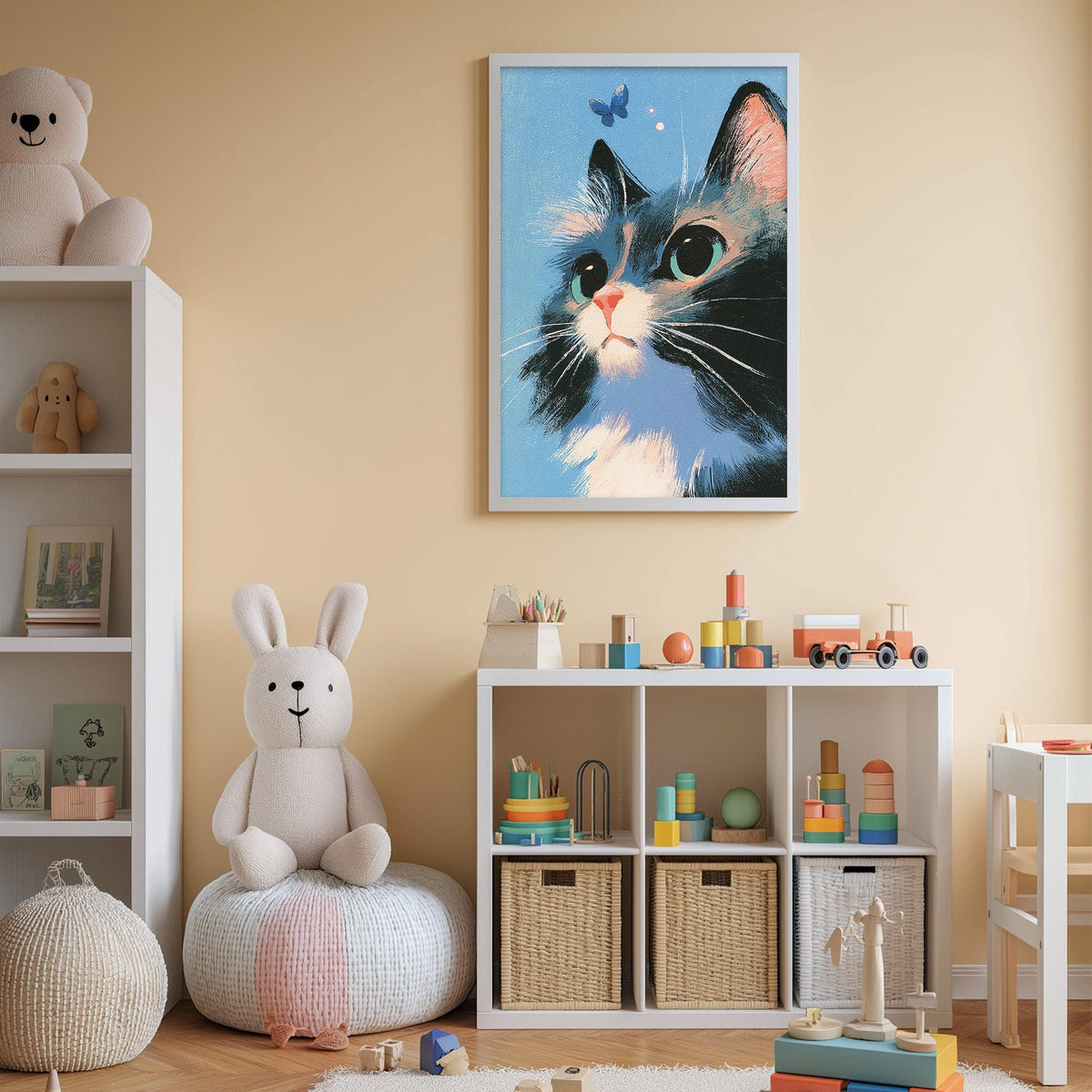 A child's bedroom with a large cat painting on the wall, a stuffed rabbit, a toy train, and a toy car. The room also has a bookshelf, storage bins, and a colorful play area.