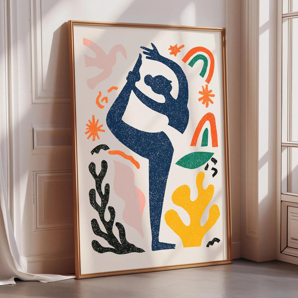 a vibrant, abstract painting of a woman in a yoga pose, surrounded by various colorful shapes and designs.
