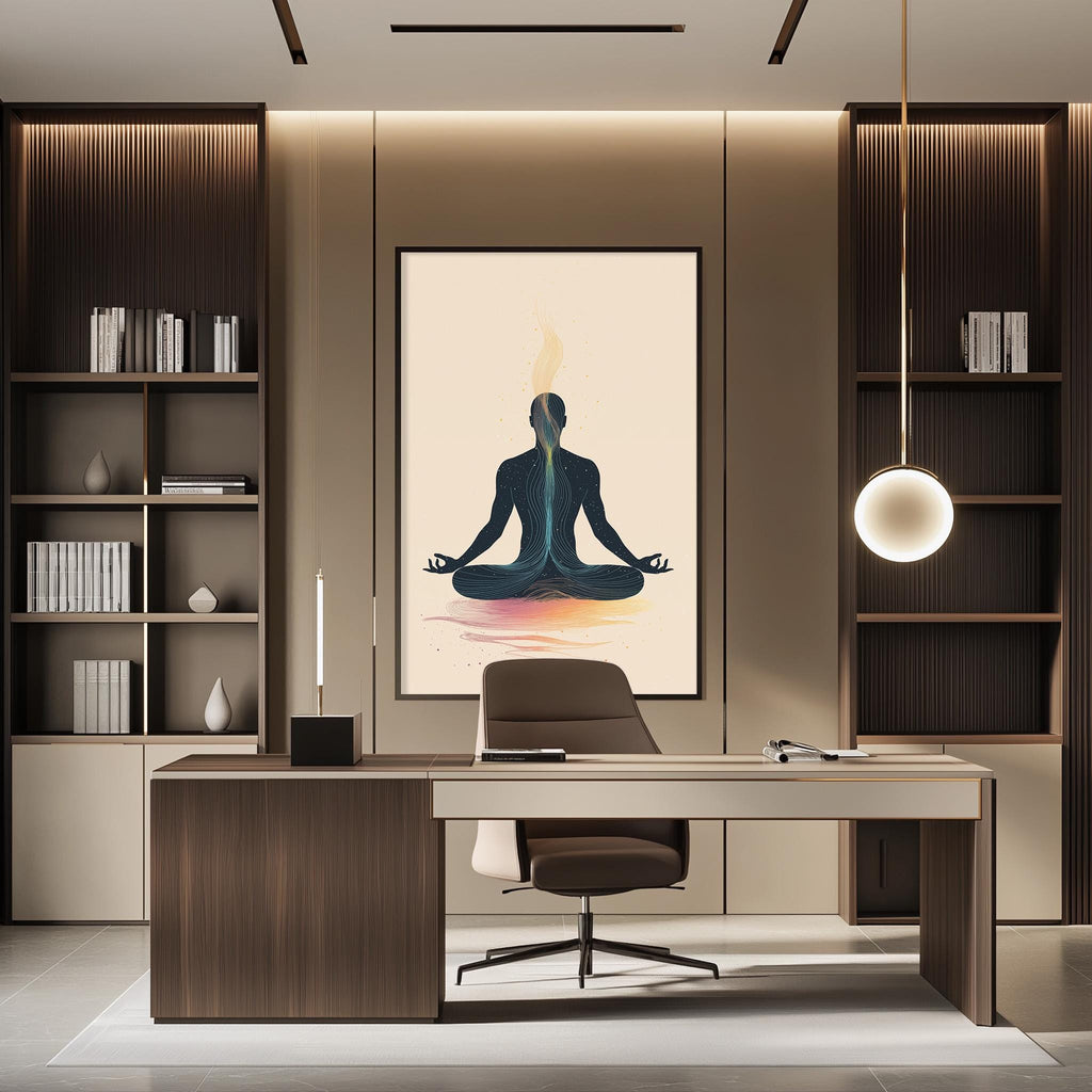 a modern and minimalist office space with a large Buddha-themed poster on the wall, a wooden desk with a chair, and built-in bookshelves.