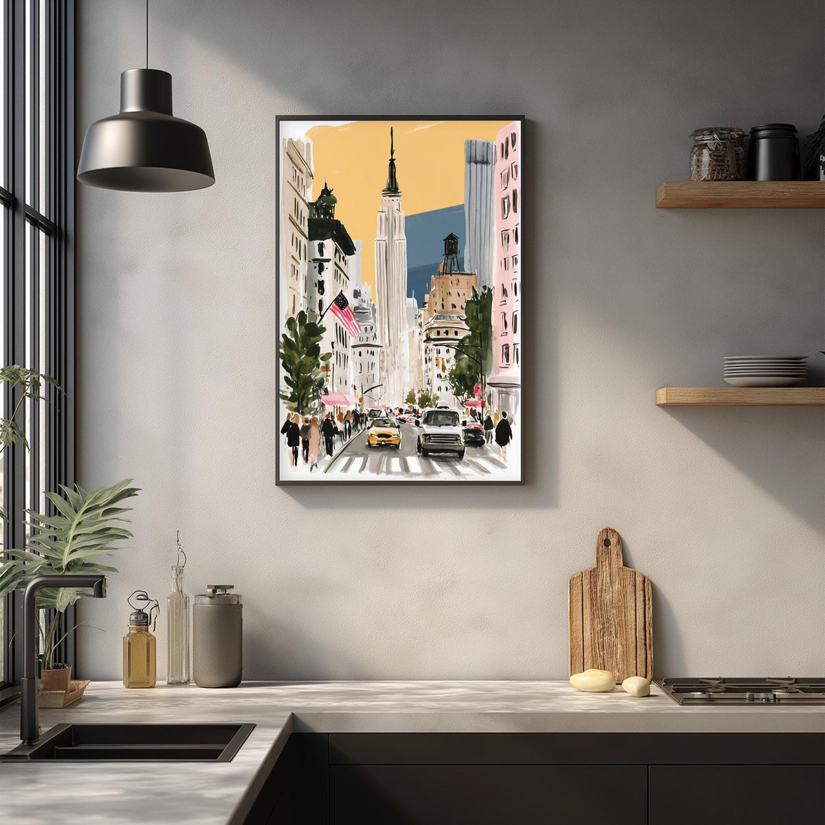 a framed painting of a city street with tall buildings, cars, and people, hanging on a wall above a kitchen counter.