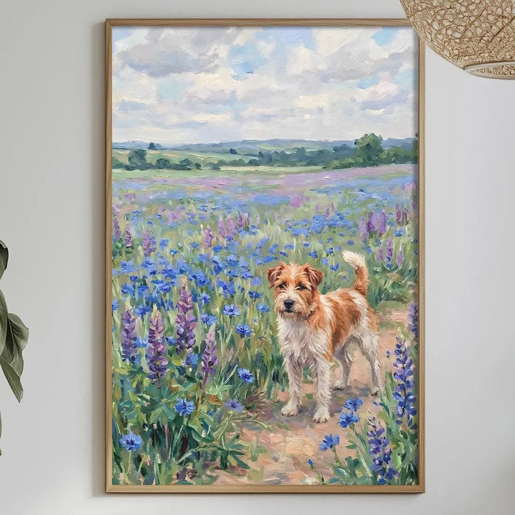 a painting of a dog in a field of flowers, hanging on a wall above a table with various items on it.