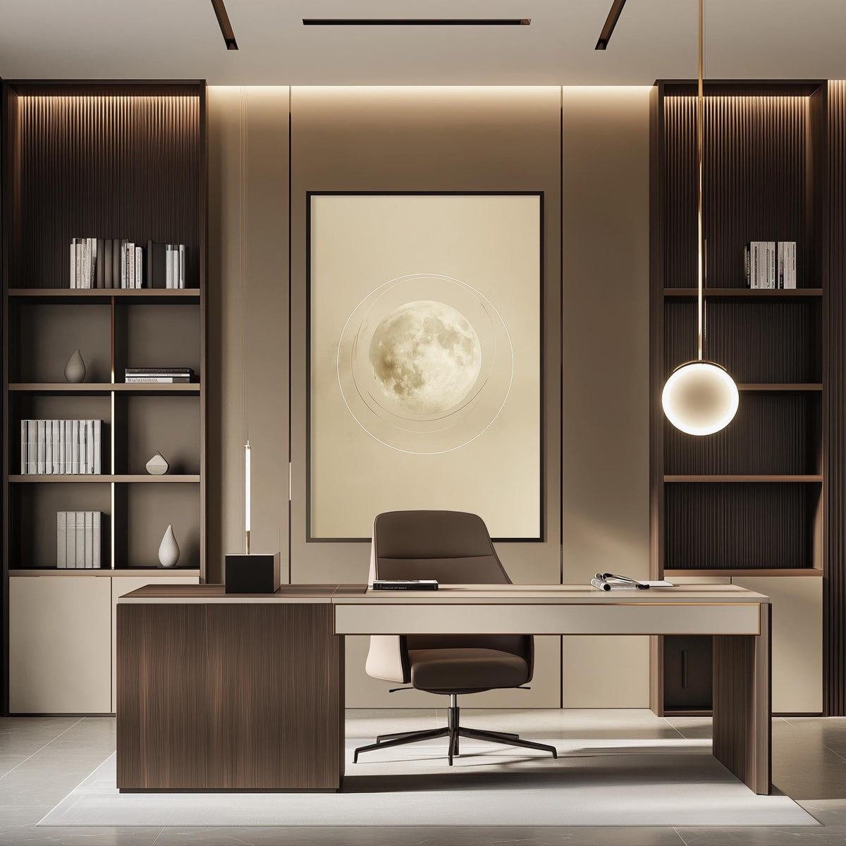 a modern and minimalist office space with a large desk, a comfortable chair, and a large framed artwork featuring a moon on the wall.