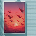 a large framed poster of a flock of red birds flying against a sunset backdrop, mounted on a blue brick wall.