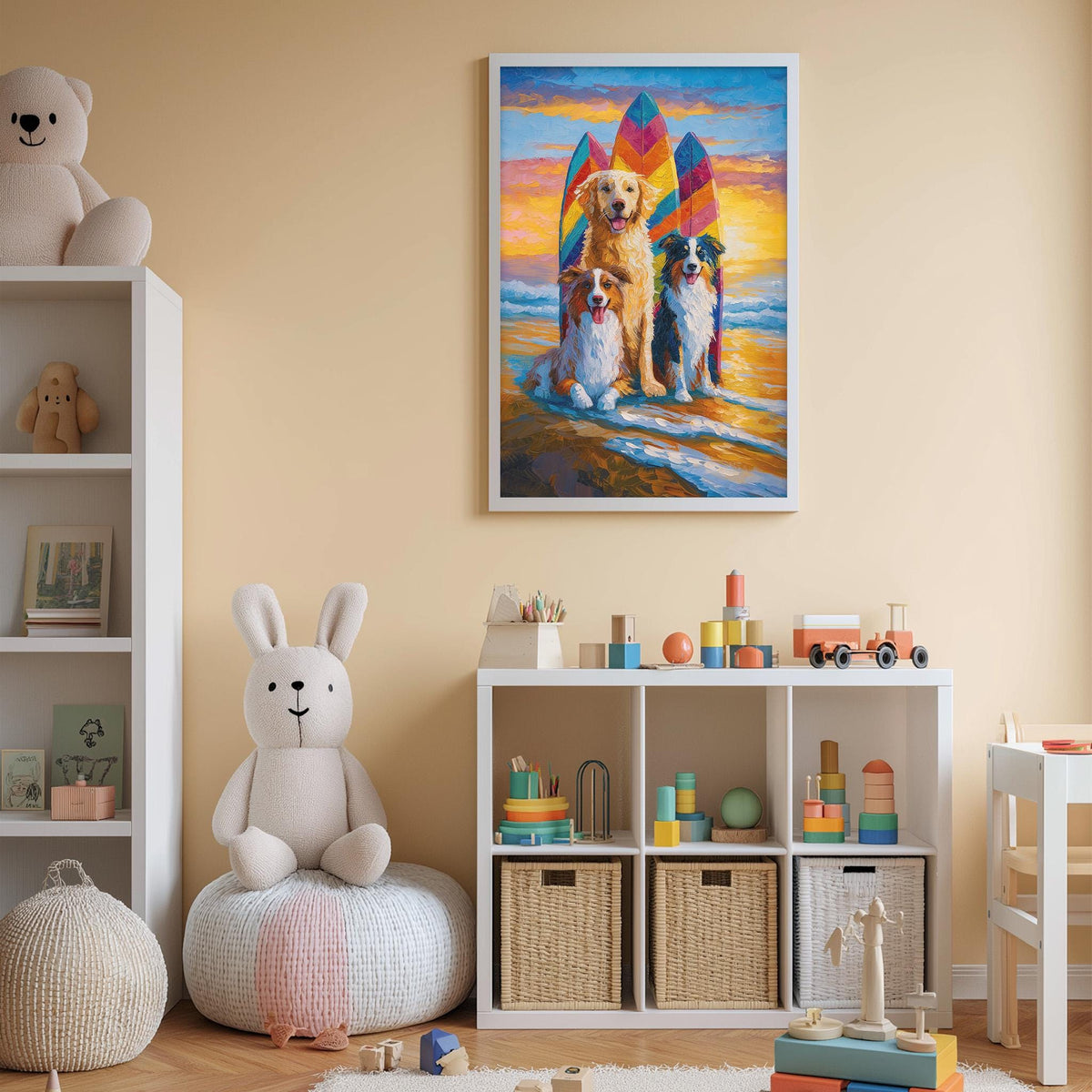 a child's bedroom with a large painting of three dogs sitting on a beach with surfboards, surrounded by toys and storage bins.