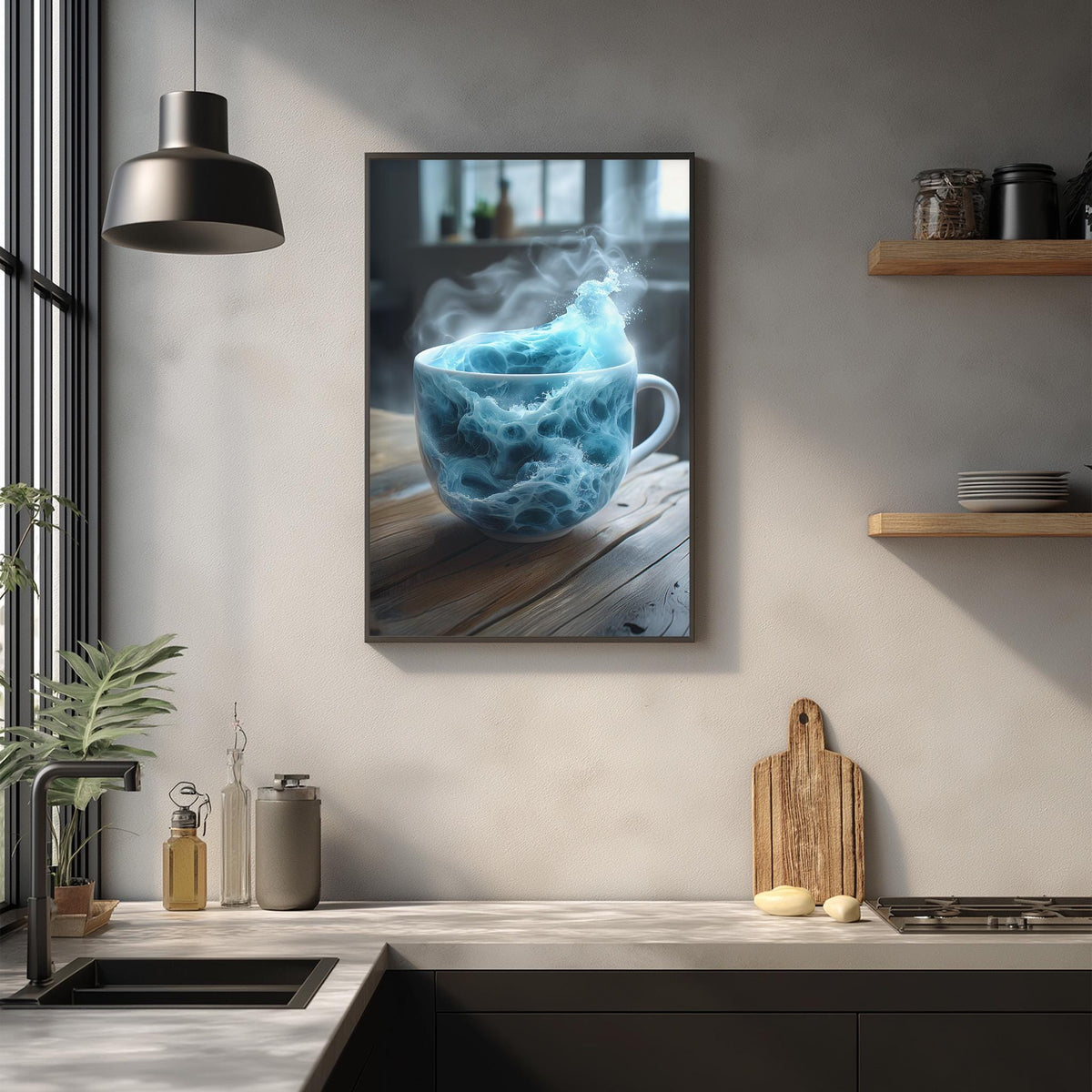 a kitchen counter with a framed picture of a blue mug with steam rising from it, a wooden cutting board, and various kitchen items such as a bottle, a vase, and a bowl.