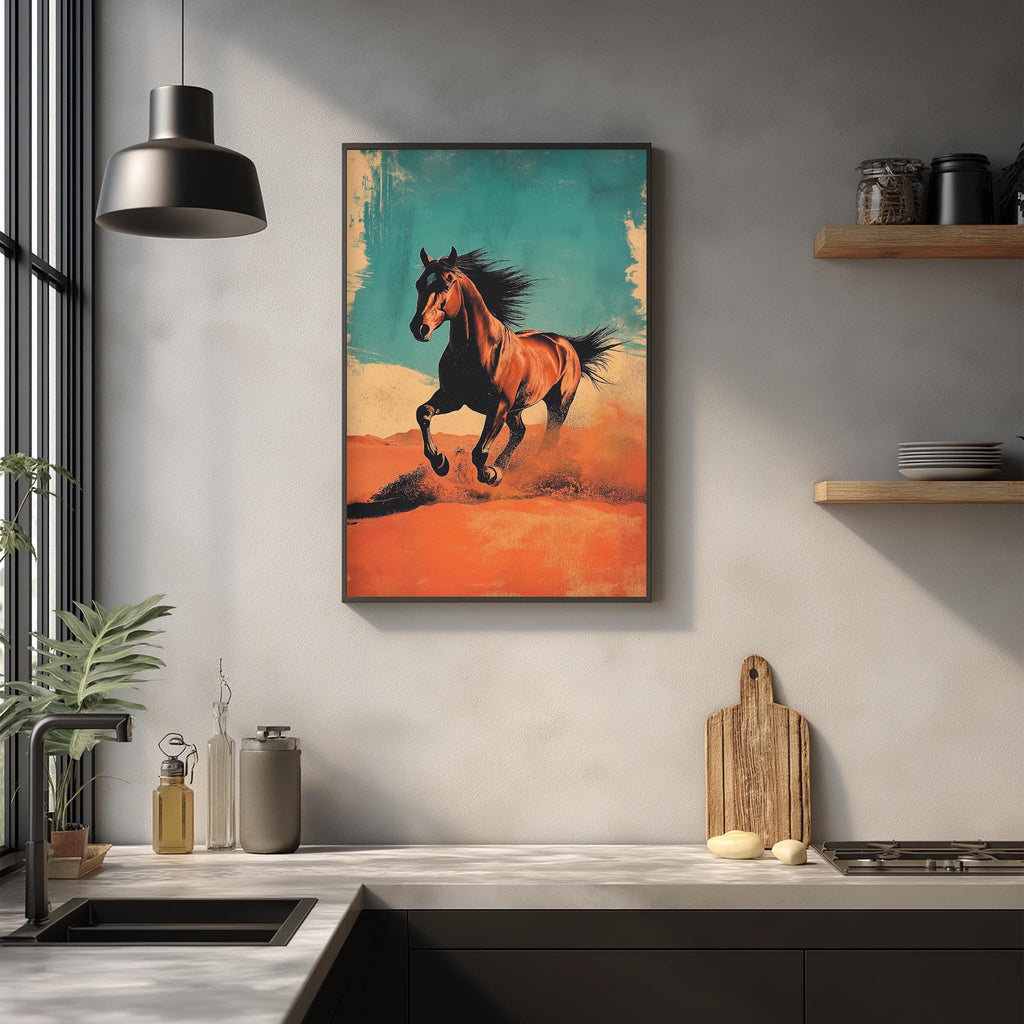 a kitchen counter with a framed painting of a horse in motion, a wooden cutting board, and various kitchen items such as a bottle, a canister, and a bowl.