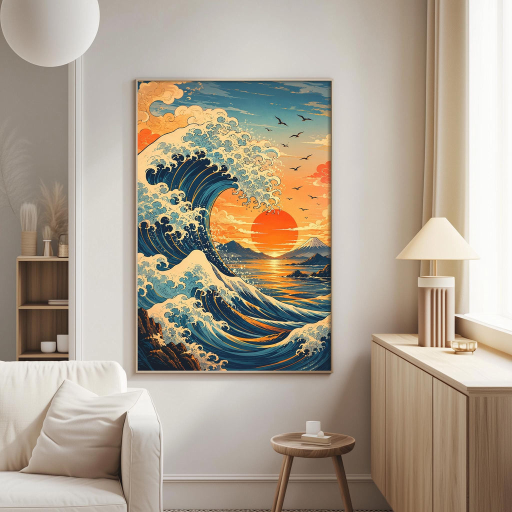 a large, colorful painting of a wave crashing against a sunset backdrop, hanging on a wall in a living room.