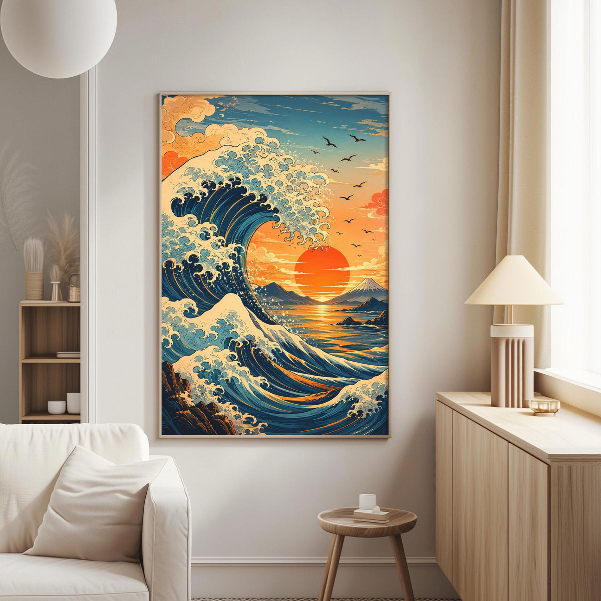 a large, colorful painting of a wave crashing against a sunset backdrop, hanging on a wall in a living room.