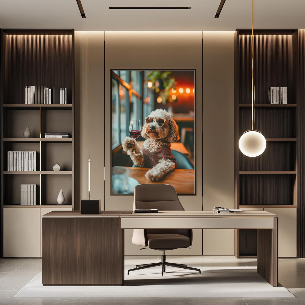 a modern office space with a large framed photograph of a dog sitting on a desk, wearing sunglasses and holding a wine glass. The office has a wooden desk, a chair, and a bookshelf with various books and decorative items.