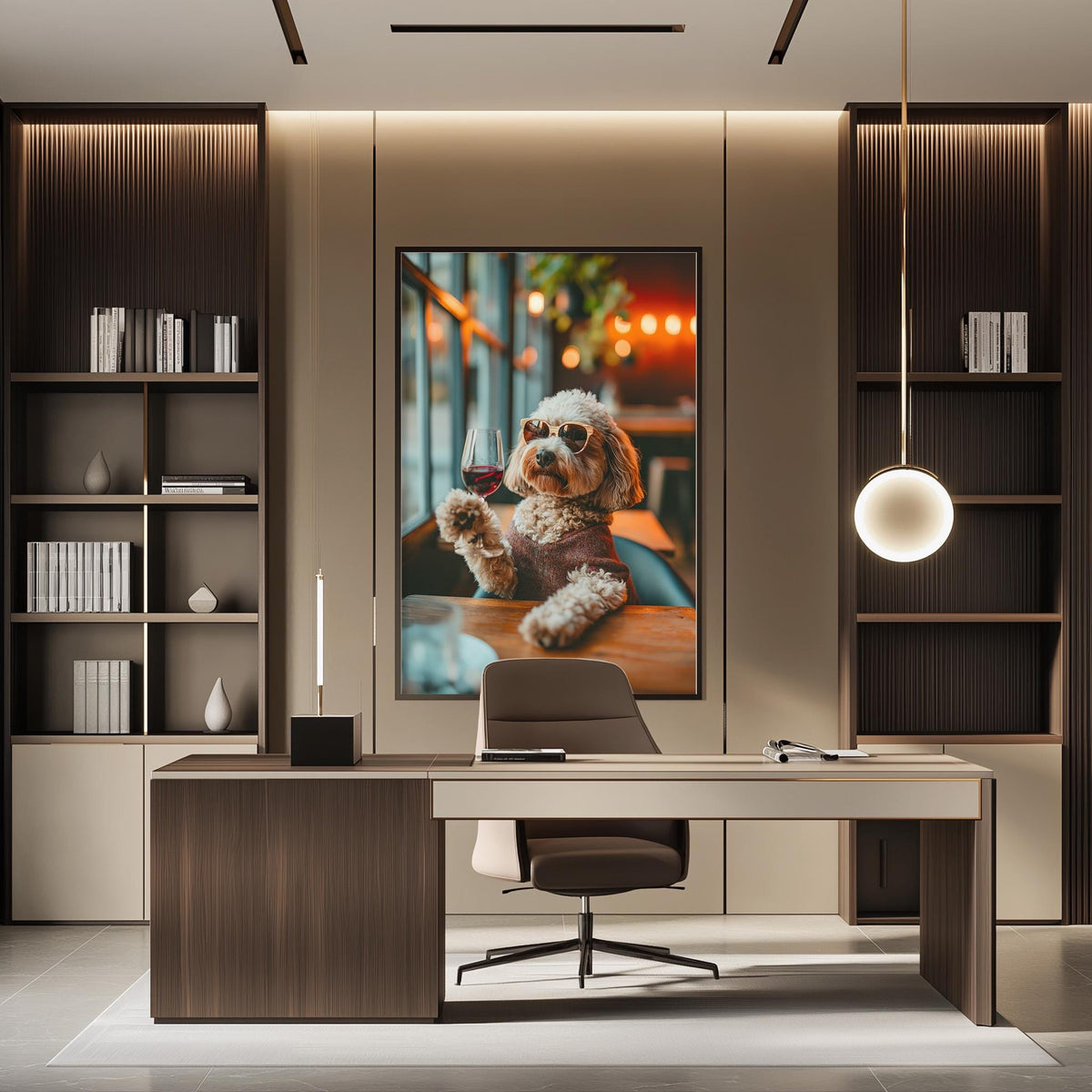 a modern office space with a large framed photograph of a dog sitting on a desk, wearing sunglasses and holding a wine glass. The office has a wooden desk, a chair, and a bookshelf with various books and decorative items.