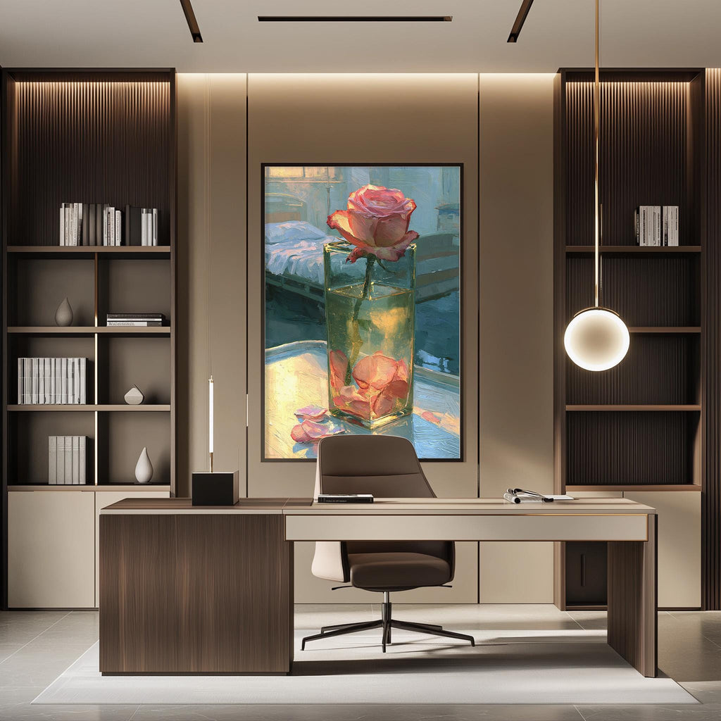 a modern and well-lit office space with a large framed painting of a pink rose in a vase on the wall. The office features a wooden desk, a comfortable-looking chair, and a bookshelf filled with books. The overall design and decor create a pleasant and professional atmosphere.