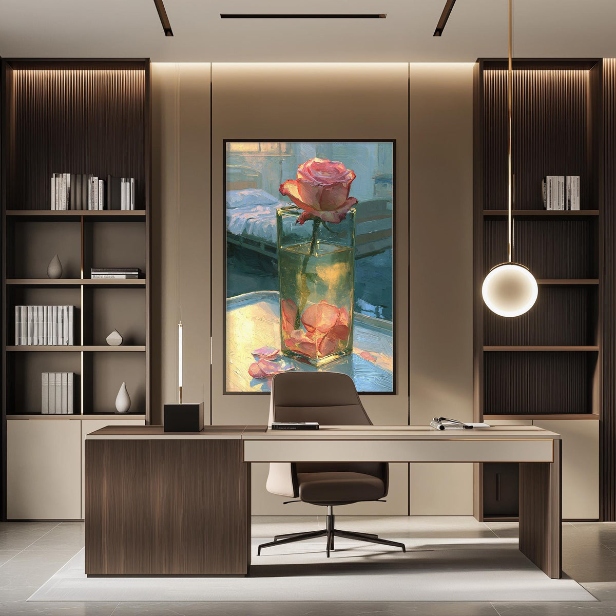 a modern and well-lit office space with a large framed painting of a pink rose in a vase on the wall. The office features a wooden desk, a comfortable-looking chair, and a bookshelf filled with books. The overall design and decor create a pleasant and professional atmosphere.
