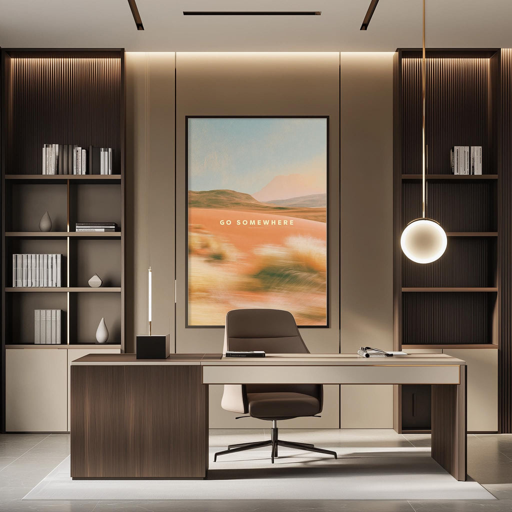 a modern and minimalist office space with a large framed landscape painting on the wall, a wooden desk with a chair, and built-in bookshelves.