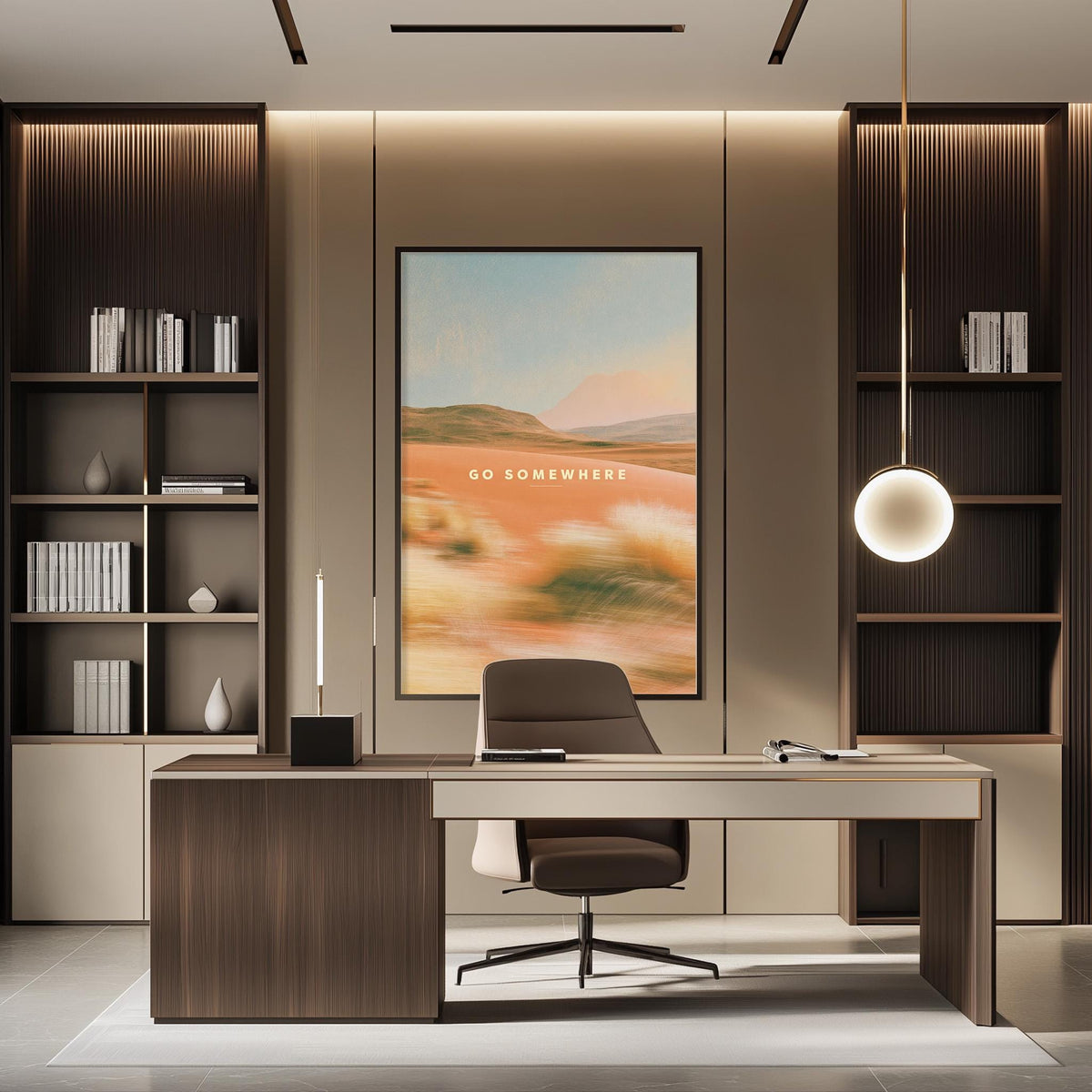 a modern and minimalist office space with a large framed landscape painting on the wall, a wooden desk with a chair, and built-in bookshelves.