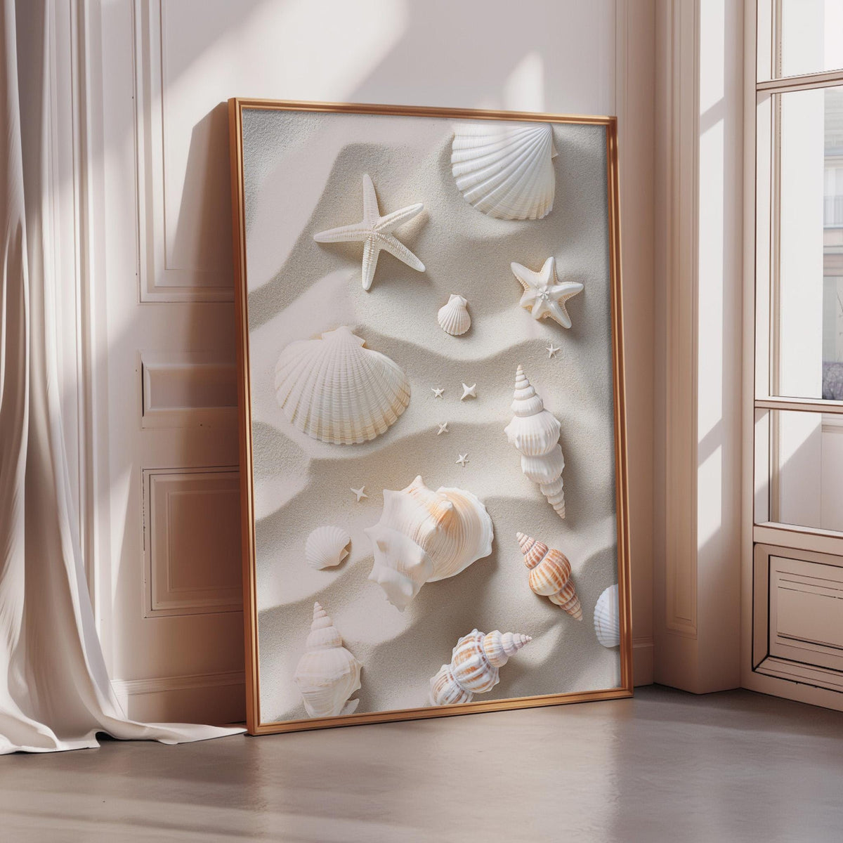 a large framed picture of seashells on a wall, with a variety of shapes and sizes displayed in a decorative arrangement.