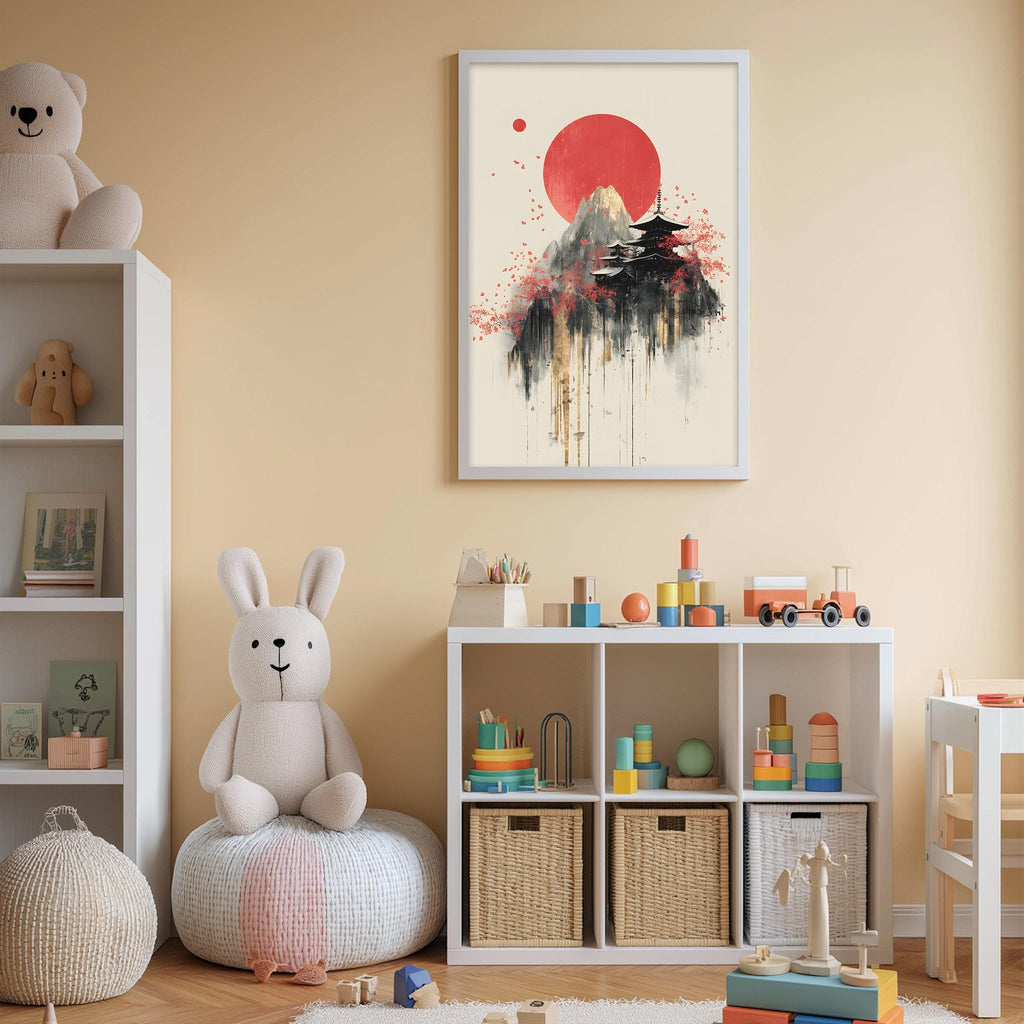 A child's bedroom with a white bookshelf, a stuffed rabbit, and a colorful toy set. The walls are painted a light peach color, and there is a framed artwork depicting a mountain and a temple with a red sun in the background.