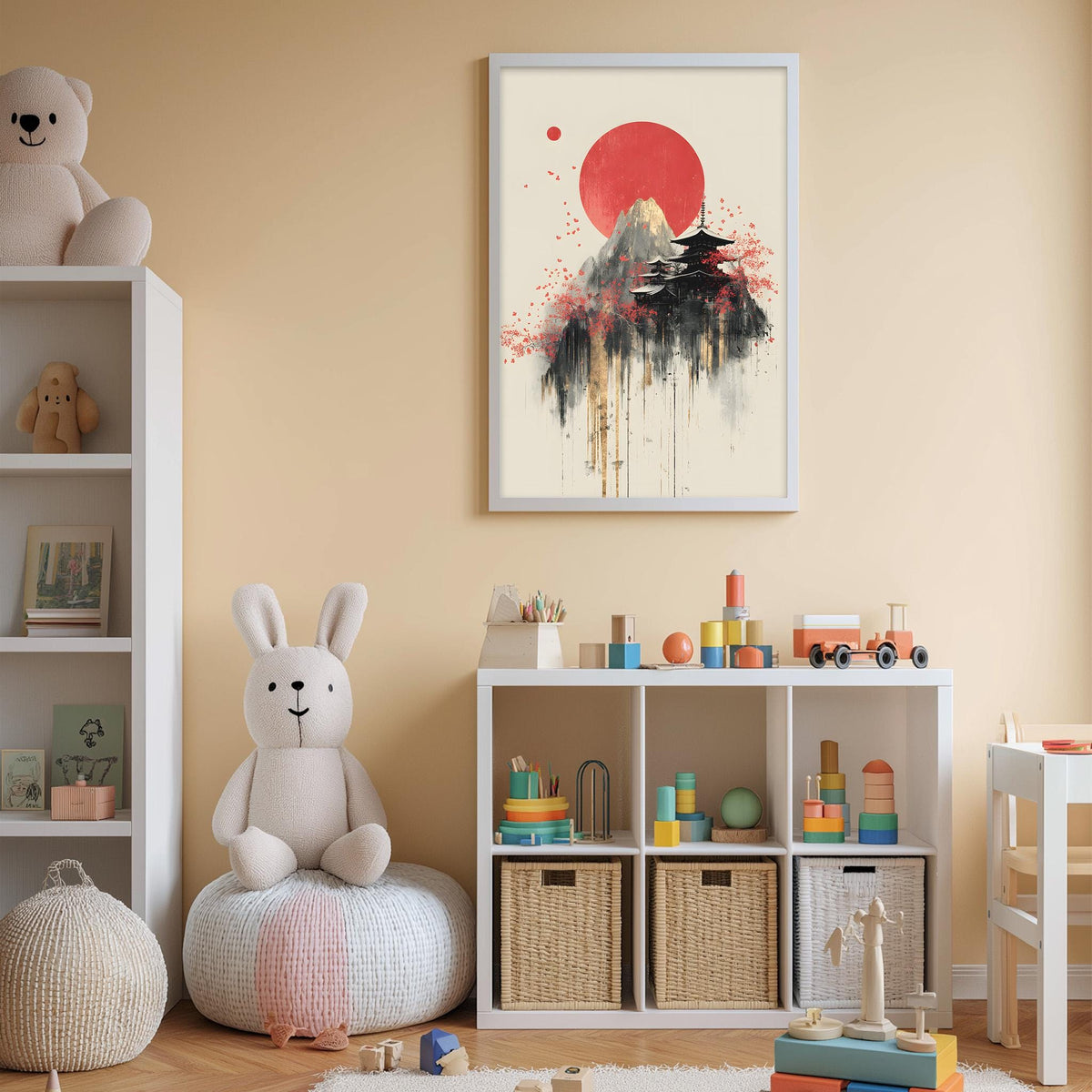 A child's bedroom with a white bookshelf, a stuffed rabbit, and a colorful toy set. The walls are painted a light peach color, and there is a framed artwork depicting a mountain and a temple with a red sun in the background.