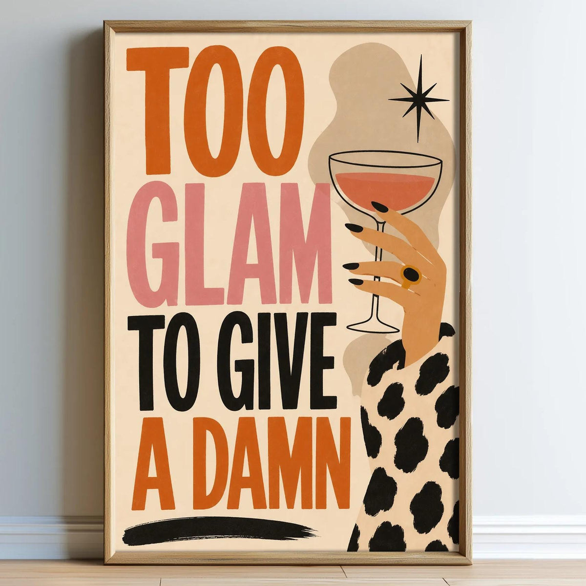 The image is a framed poster with a bold, graphic design featuring text and an illustration of a hand holding a drink.