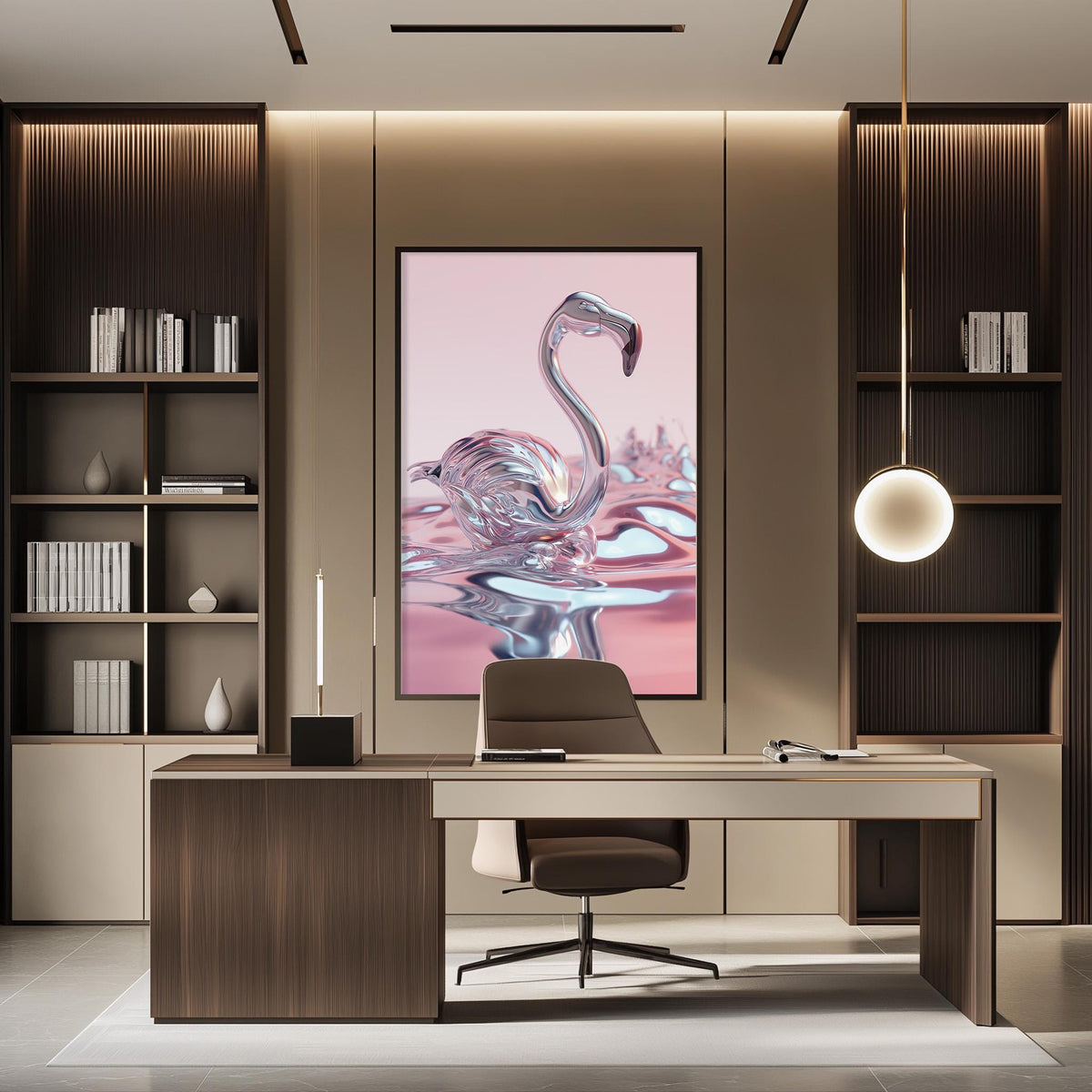 a modern and stylish office space with a large framed artwork of a pink flamingo on the wall. The office features a wooden desk, a comfortable chair, and a bookshelf filled with books. The overall design and decor create a visually appealing and professional atmosphere.