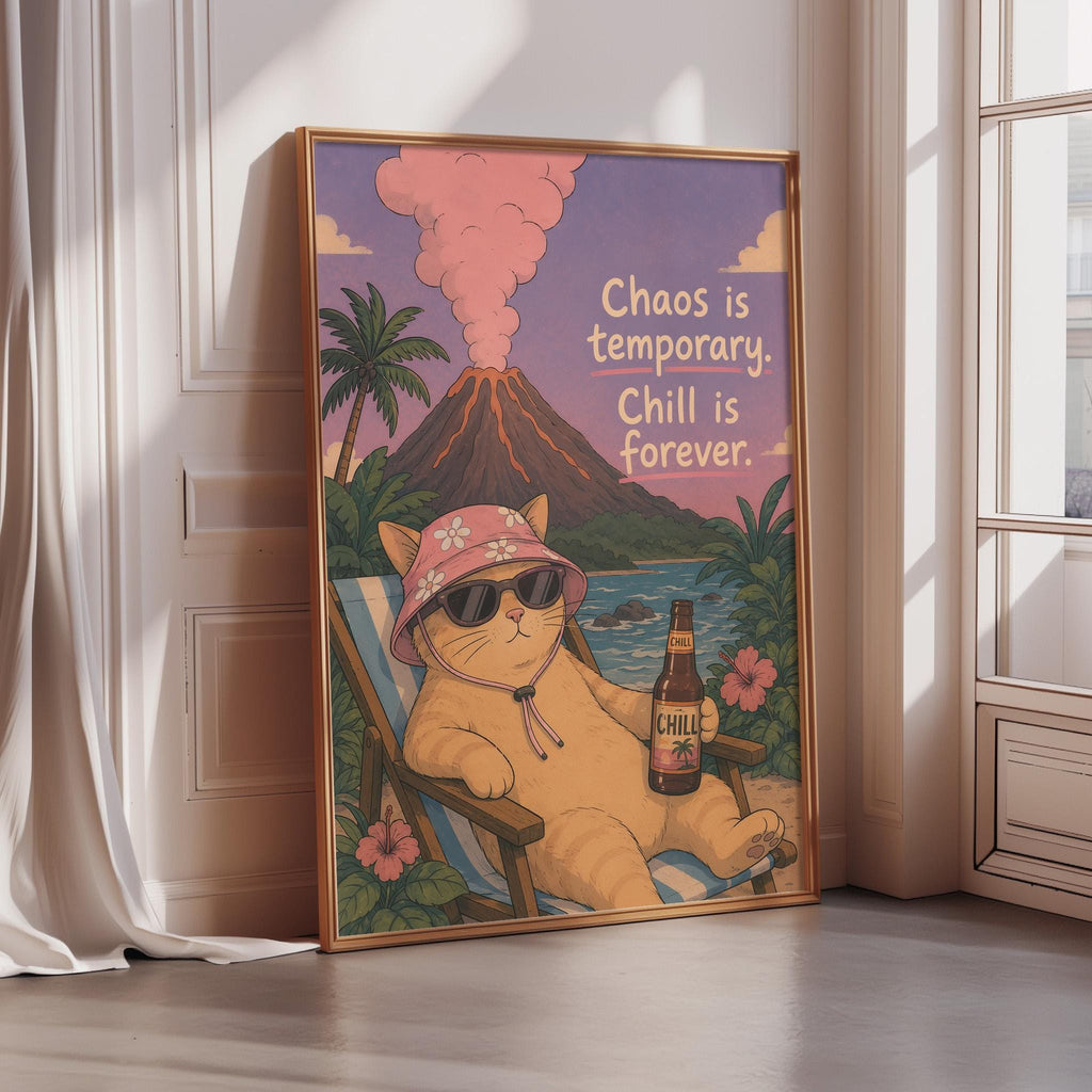 A framed illustration of a cat wearing sunglasses and a hat, sitting in a chair with a bottle of beer, against a tropical beach scene with a volcano in the background.