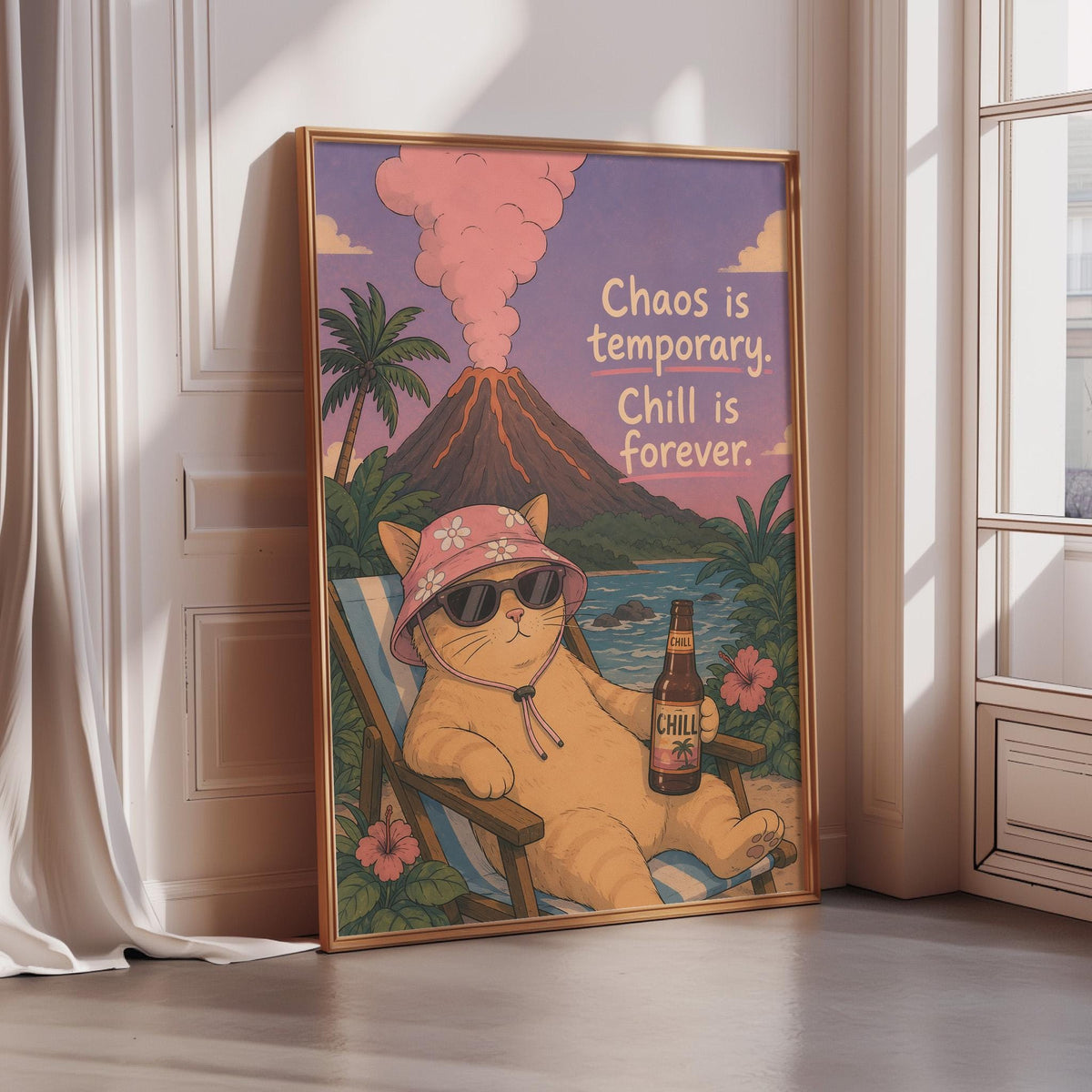 A framed illustration of a cat wearing sunglasses and a hat, sitting in a chair with a bottle of beer, against a tropical beach scene with a volcano in the background.