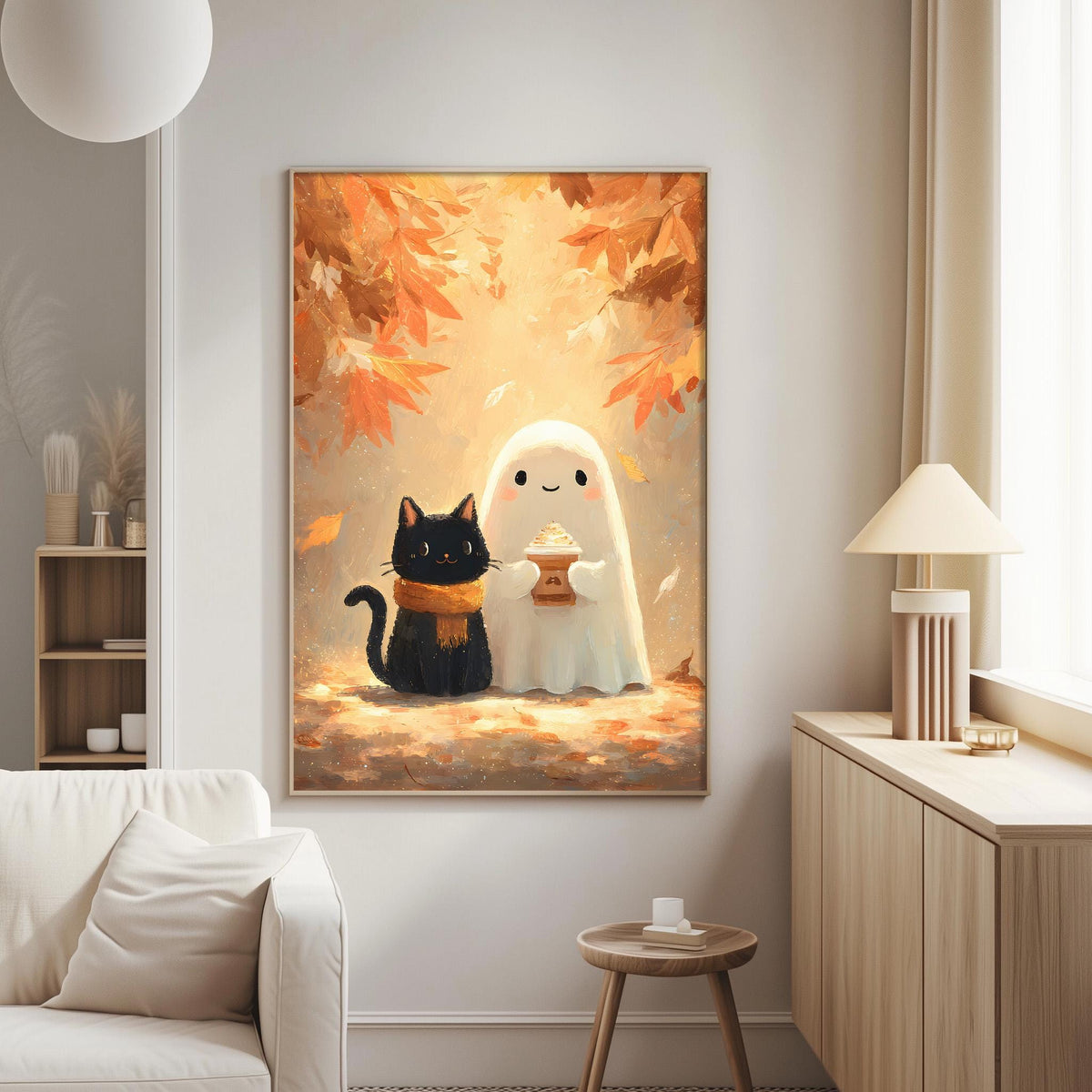 a cozy living room with a white couch, a wooden side table, and a lamp. Above the couch, there is a framed painting depicting a ghost and a black cat, creating a whimsical and festive atmosphere.