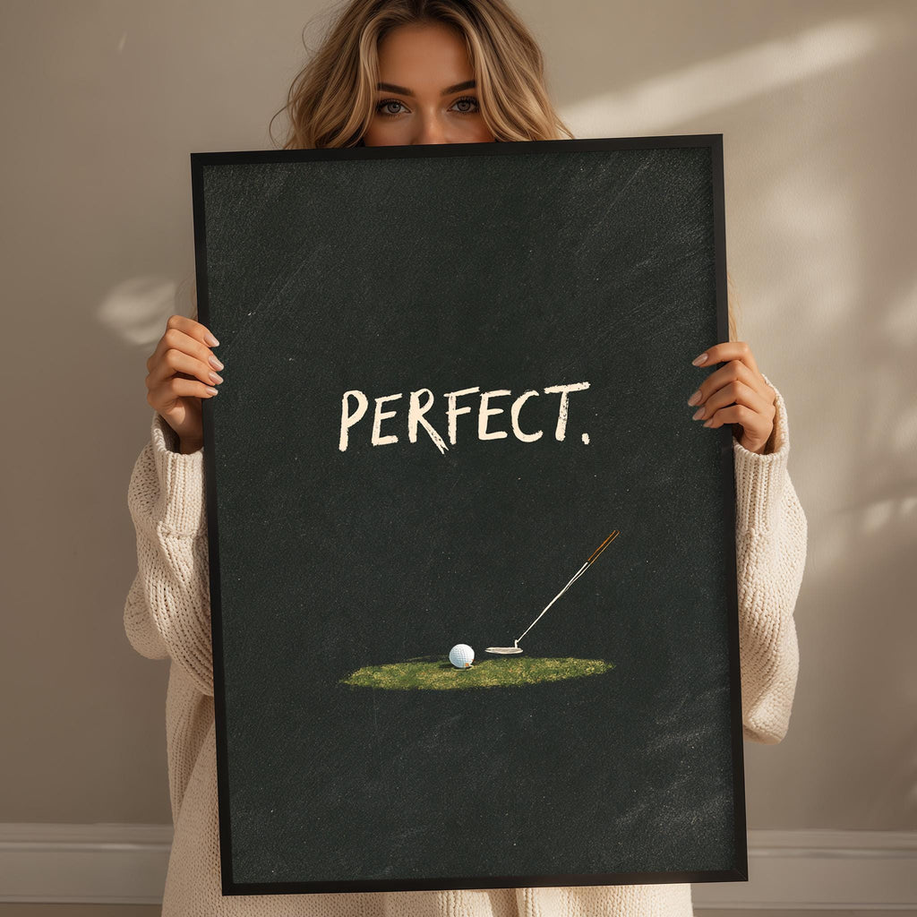 A woman holding a blackboard with the word "PERFECT" written on it, along with an illustration of a golf club and ball on a green surface.