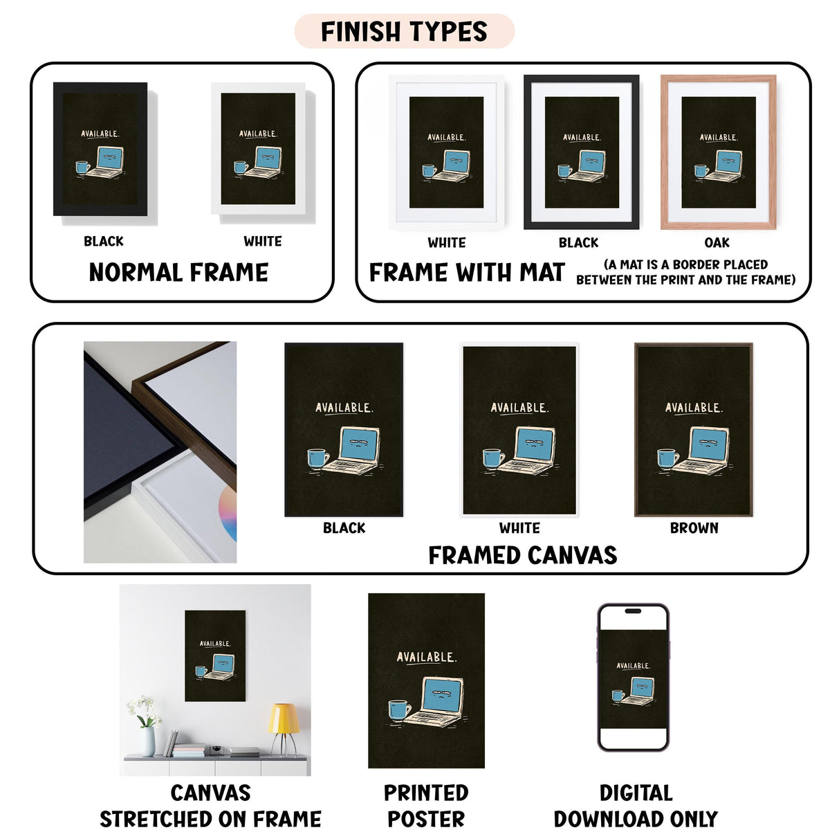 various types of artwork, including framed prints, canvas prints, and digital prints, each with different finishes and frame styles.