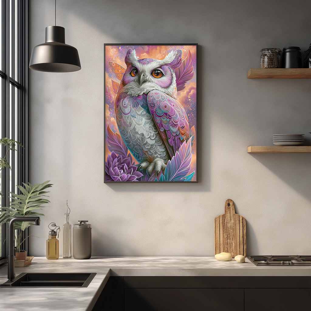a vibrant and colorful painting of an owl hanging on a wall in a modern kitchen setting.