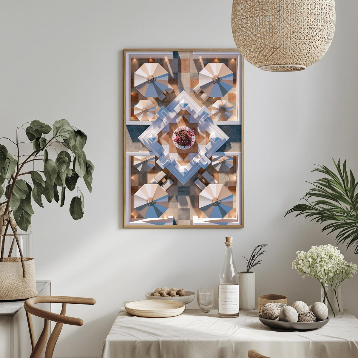 a dining room with a table set for a meal, a potted plant, a hanging light fixture, and a framed abstract art piece on the wall.