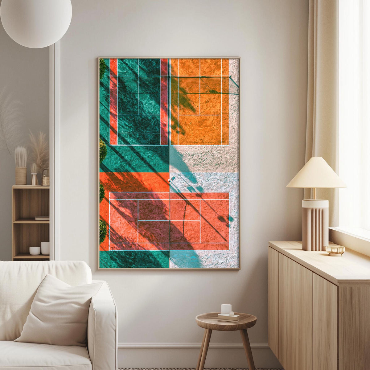a large abstract painting of a tennis court with vibrant colors and geometric shapes, hanging on a wall in a modern living room setting.