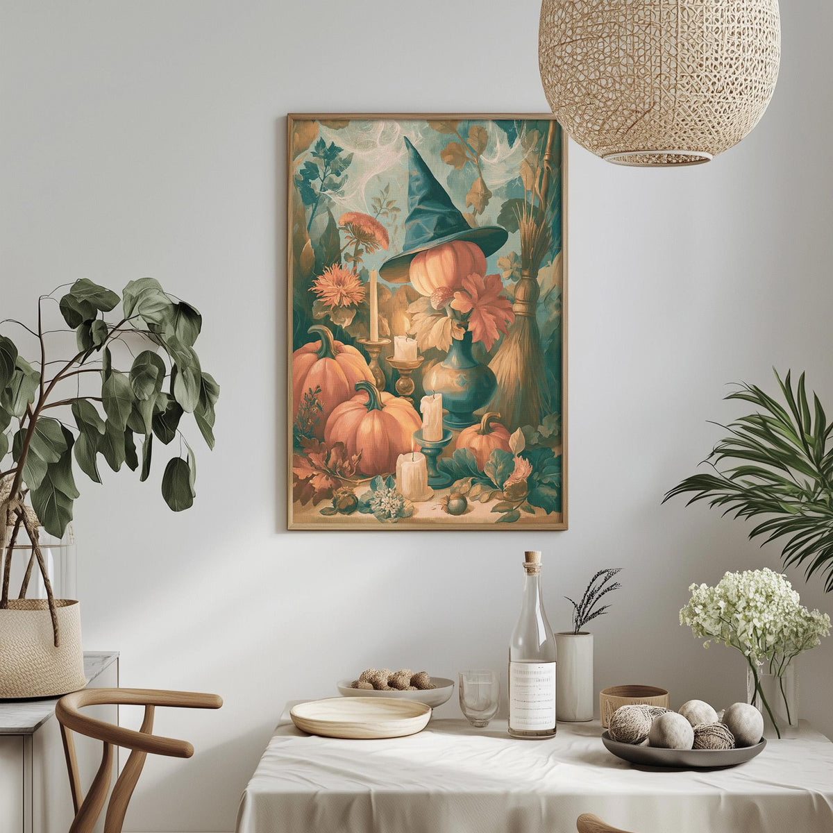 a cozy dining area with a table set for a meal, surrounded by potted plants and a hanging light fixture. The centerpiece of the scene is a framed painting depicting a witch surrounded by pumpkins and flowers, creating a whimsical and festive atmosphere.
