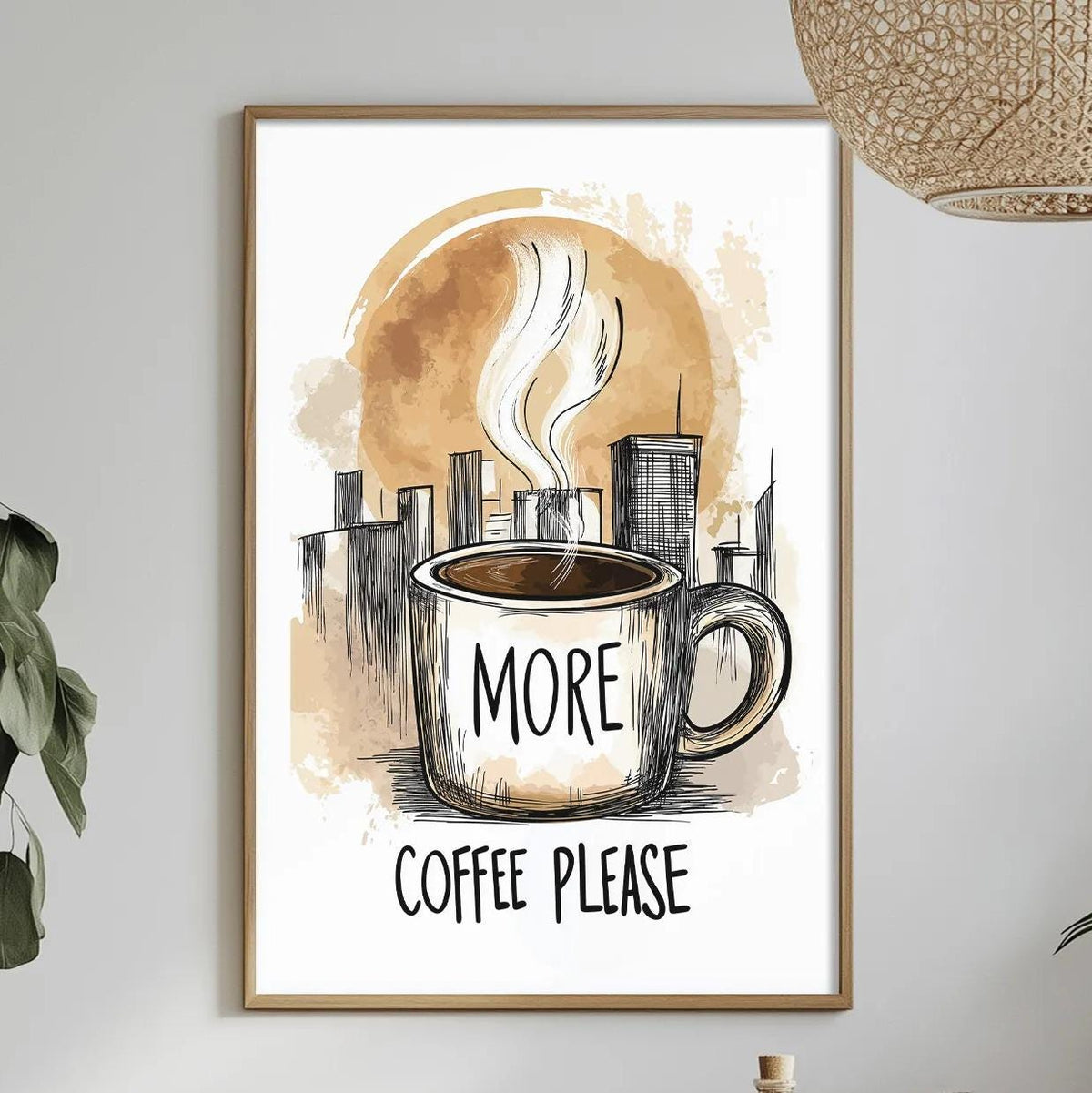 a framed poster with a coffee cup and the text "MORE COFFEE PLEASE" hanging on a wall above a dining table with various items on it.