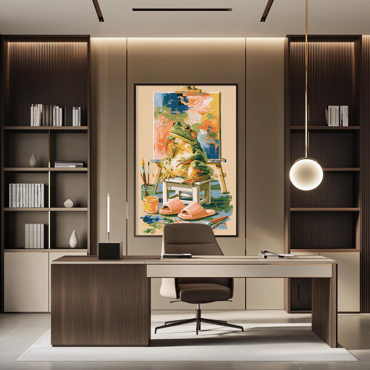a modern office space with a large painting of a frog sitting on a desk in the center. The desk is positioned in front of a bookshelf, and a chair is placed in front of the desk. The overall design and decor of the space create a contemporary and stylish atmosphere.