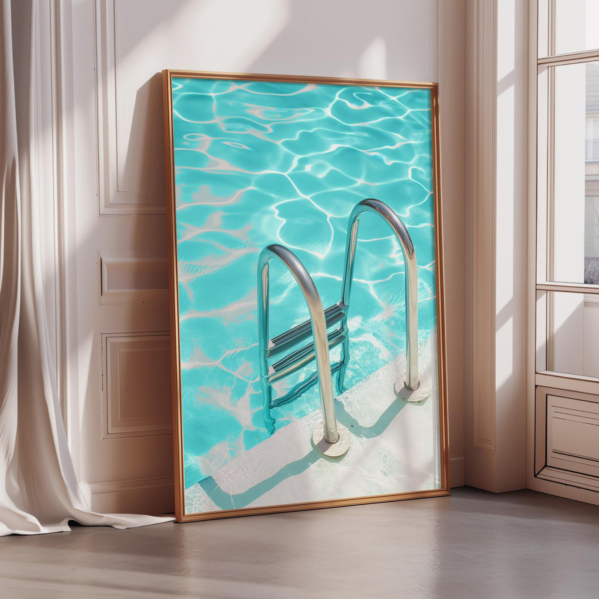 A large framed print depicting a swimming pool with a metal ladder, placed on a wooden floor next to a window.